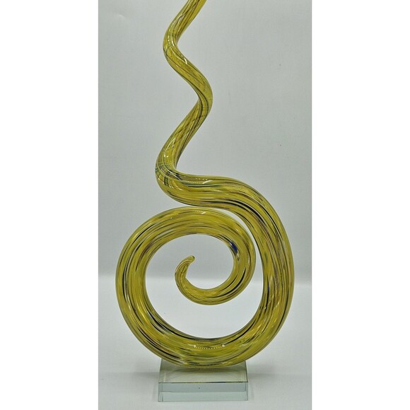 Murano Style Art 21" Glass Spiral Sculpture in Yellow Swirl Pattern With Base - Picture 6 of 11